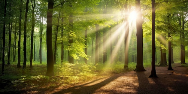 Piękne promienie światła słonecznego w zielonym lesie Generative AI