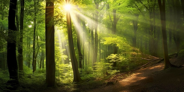 Piękne promienie światła słonecznego w zielonym lesie Generative AI