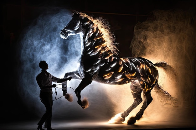 Zdjęcie piękne przedstawienie w świetle i dźwięku z tańczącym koniem