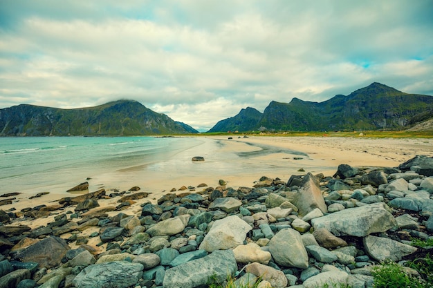 Piękne Pustkowia Skalista Plaża Z Widokiem Na Fiord Lofoty Norwegia