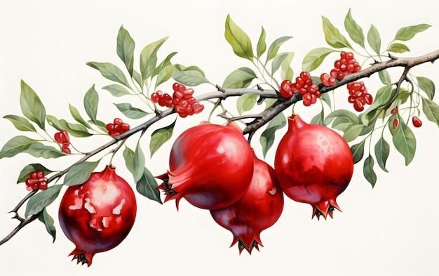 Piękne ręcznie narysowane akwarele owoców granatowych z liśćmi i gałęziami na białym tle