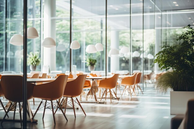 Piękne rozmyte tło nowoczesnego biura z panoramicznymi oknami i oszałamiającym oświetleniem
