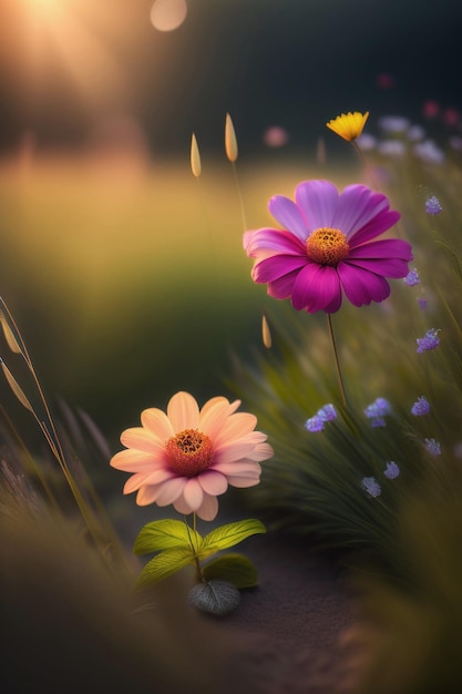 Piękne różnorodne dzikie kwiaty na trawniku z niewyraźnym tłem Generatywny AI_8