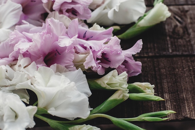 Zdjęcie piękne różowe i białe mieczyki na rustykalnym drewnianym tle kolorowe pąki płatków mieczyków na rustykalnym brązowym drewnie miejsce na tekst wakacje kartkę z życzeniami kwiatowy wiosna obraz dzień kobiety matki