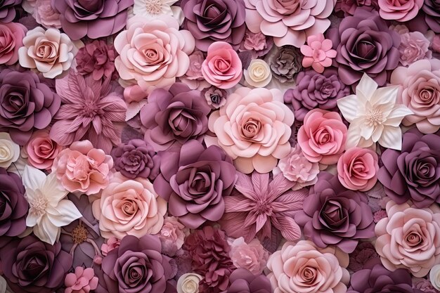 Piękne różowe i białe tło sztucznych kwiatów Widok z góry leżał płasko Ściana sztucznych kwiatów na tle w stylu vintage Wygenerowano AI