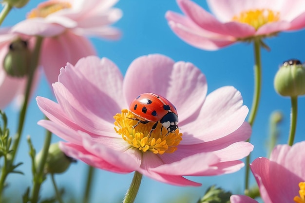 Piękne różowe kwiaty anemonki i ladybug wiosną przyroda na świeżym powietrzu na tle niebieskiego nieba makro miękkie skupienie Magiczny kolorowy obraz artystyczny czułość natury wiosna kwiatowy tapeta