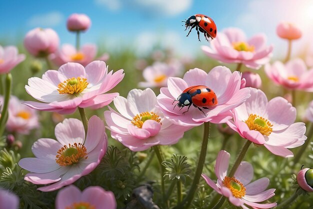 Piękne różowe kwiaty anemonki i ladybug wiosną przyroda na świeżym powietrzu na tle niebieskiego nieba makro miękkie skupienie Magiczny kolorowy obraz artystyczny czułość natury wiosna kwiatowy tapeta