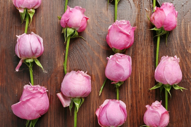 Piękne różowe róże na drewnianym tle