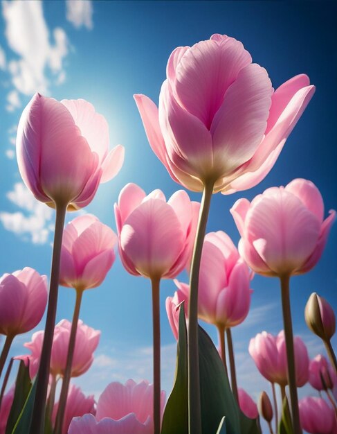Piękne różowe tulipany na tle błękitnego nieba nakręcone pod niskim kątem Generative AI