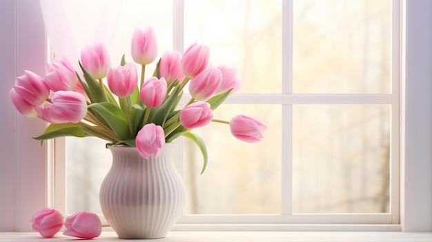 Piękne różowe tulipany w szklanym wazonie na tle okna