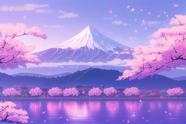 Piękne różowe wiśnie i góra Fuji w tle tej japońskiej tapety z scenerią anime