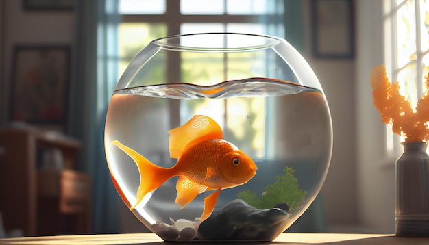 Piękne ryby w okrągłym szklanym akwarium Ryby pływające w akwarium Generacyjna sztuczna inteligencja