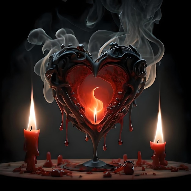 Piękne serce z rozpryskami dymu obok płonącej świecy na niesamowitym tle