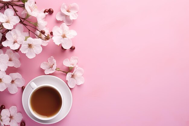 Piękne śniadanie w płaskim stylu z słodką filiżanką kawy i kwiatem na różowym stole