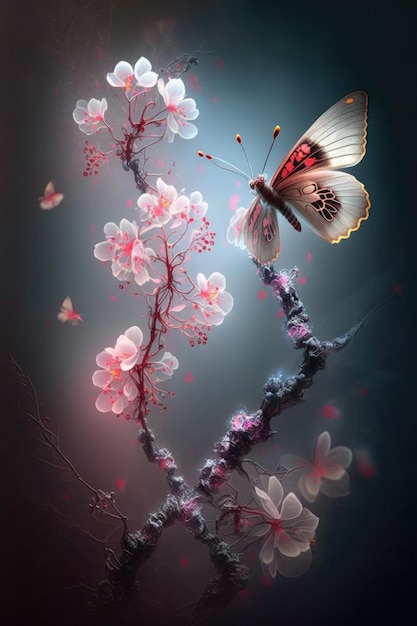 Piękne spektralne kwiaty śliwki z bajkową mgłą i motylem