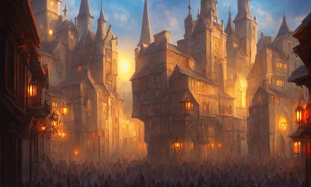 Piękne stare średniowieczne miasto Magiczny bajkowy letni wieczór na ulicach światła w oknach domów ilustracja 3d
