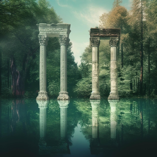 Piękne starożytne greckie kolumny odzwierciedlone w jeziorze Malarstwo cyfrowe