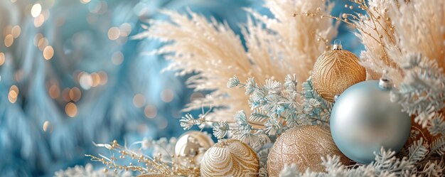 Piękne świąteczne dekoracje z Pampas Grass Pastel Blue and Gold Seasonal Scene