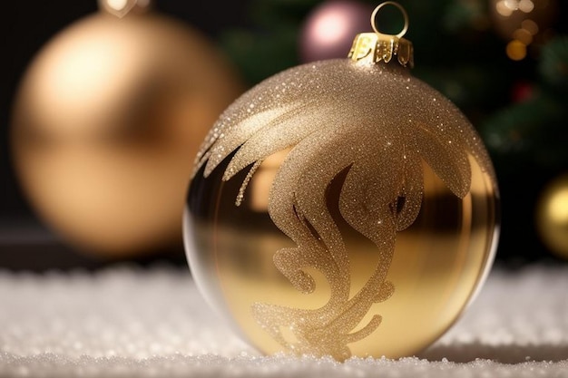 Zdjęcie piękne świąteczne niebieskie i złote tło ze śniegiem xmas tree wewnątrz świątecznej piłki bauble