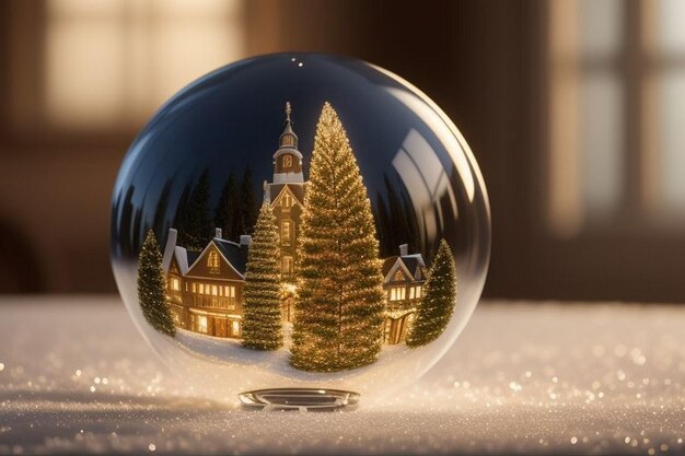 Zdjęcie piękne świąteczne niebieskie i złote tło ze śniegiem xmas tree wewnątrz świątecznej piłki bauble