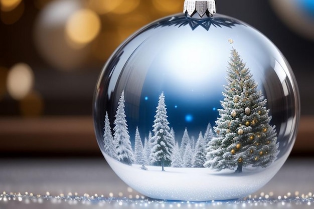 Piękne świąteczne niebieskie i złote tło ze śniegiem xmas tree wewnątrz świątecznej piłki bauble