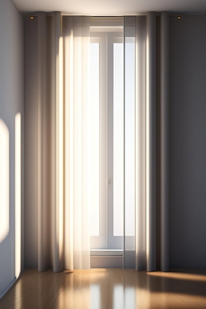 Piękne światło słoneczne dmucha białe przezroczyste zasłony z otwartego okna na pustej beżowo-brązowej ścianie podłogi w