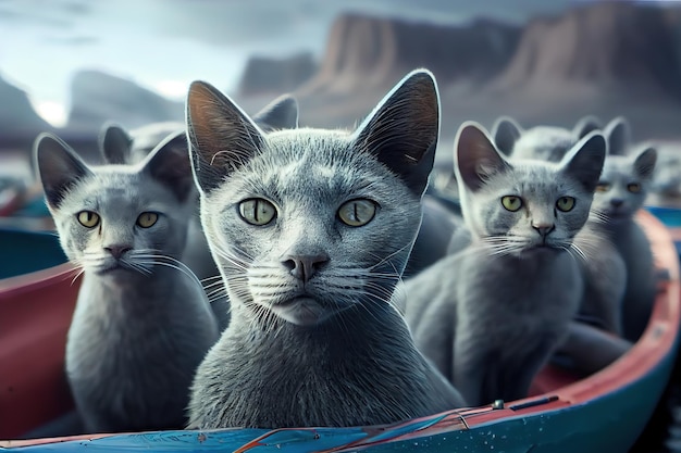 Piękne szare koty żeglują w łodzi Generative AI