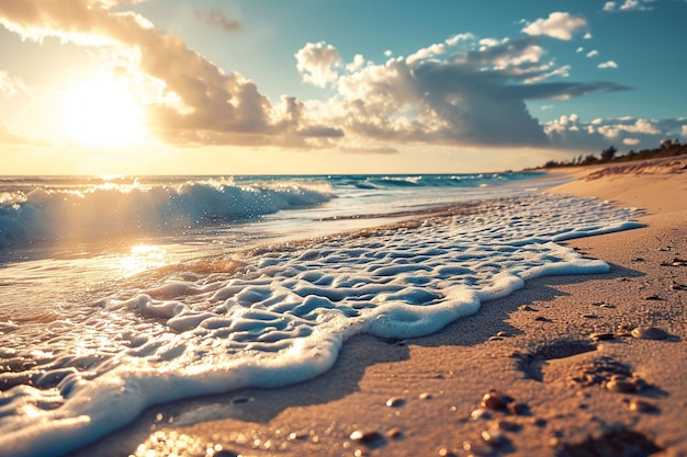 Piękne szerokie ujęcie piaszczystej plaży z niesamowitymi falami oceanu i niebieskim niebem