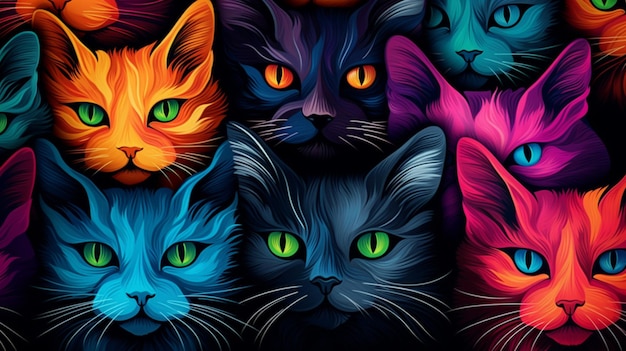 Piękne tapety dla kotów, wzór tekstylny, psychedeliczna wysoka rozdzielczość, sztuka generowana przez AI.