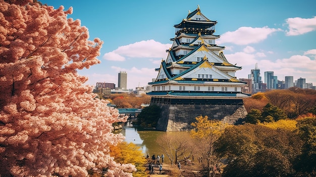 piękne tło charakterystyczne dla japonii z zamkiem w osace