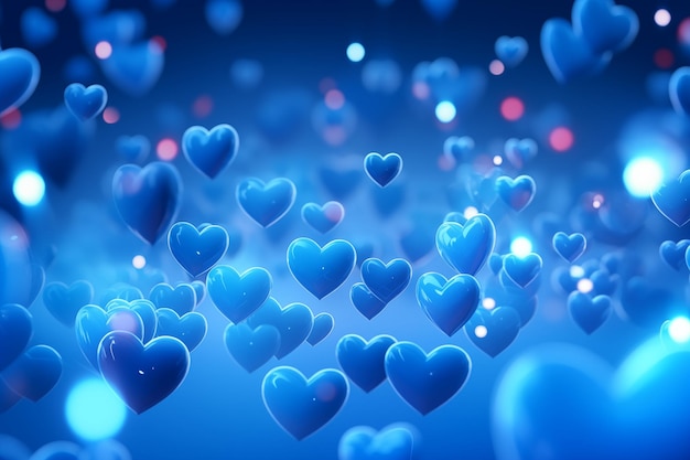 Piękne tło z niebieskimi sercami, błyszczącymi światłami i bokehem na kartkę na Walentynki.