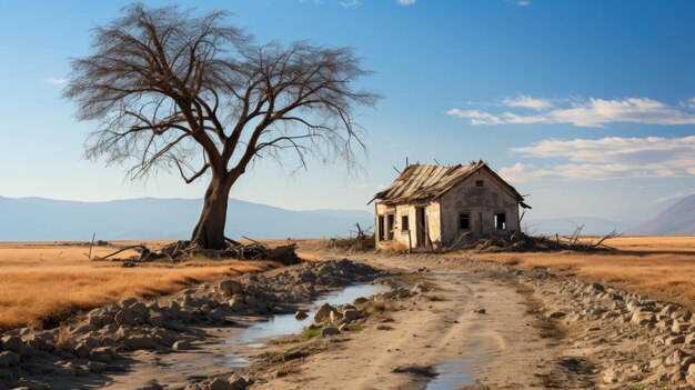 Piękne ujęcie starego opuszczonego domu na środku pustyni w pobliżu martwego, bezlistnego drzewa