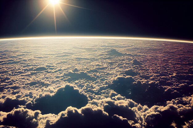 Piękne ujęcie ziemi z kosmosu, spokojne chmury widziane w kosmosie z lśniącym słońcem