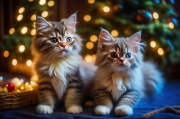 Piękne urocze kociaki z świątecznymi prezentami w uroczystym wnętrzu