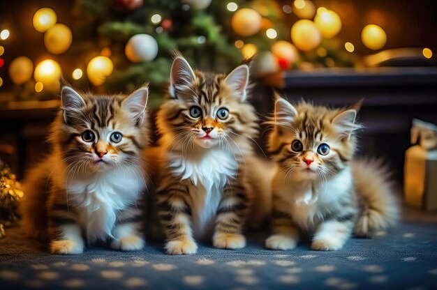 Piękne urocze kociaki z świątecznymi prezentami w uroczystym wnętrzu