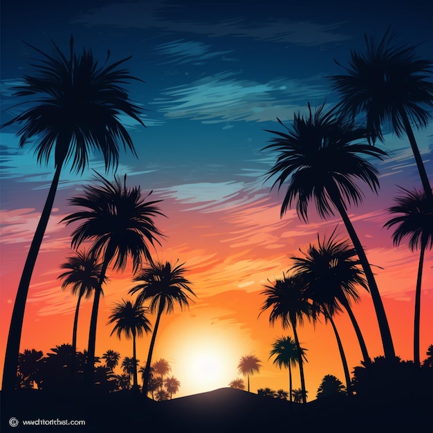 piękne wieczorne niebo z uroczymi sylwetkami palmy daktylowej