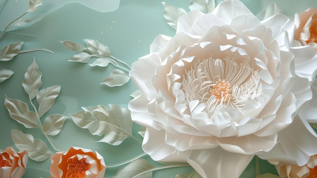 Piękne wiosenne białe i pomarańczowe kwiaty papieru są przedstawione na białym i niebieskim tle