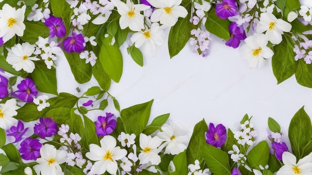 piękne wiosenne kwiaty i liście na białym tle z ujemną przestrzenią