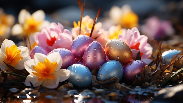 Piękne wiosenne kwiaty krokusów z jajkami wielkanocnymi