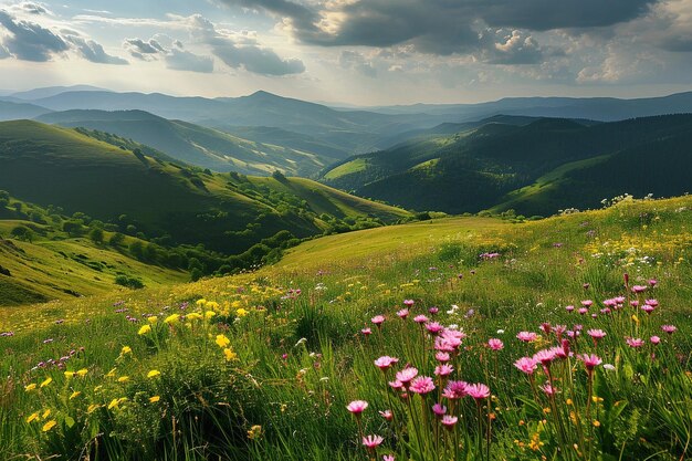 Piękne wiosenne kwiaty na łące z górami w tle