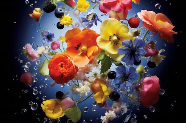 Piękne wiosenne kwiaty pływające pod wodą z pęcherzykami powietrza na niebieskim tle Romantyczna koncepcja