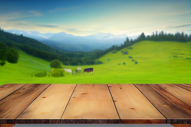 Piękne wiosenne tło z zielonymi górskimi liśćmi i pustym drewnianym stołem w naturze na świeżym powietrzu AI Generated