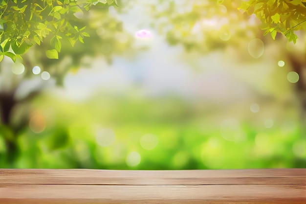 Piękne wiosenne tło z zielonymi soczystymi młodymi liśćmi i pustym drewnianym stołem w naturze na świeżym powietrzu AI Generated