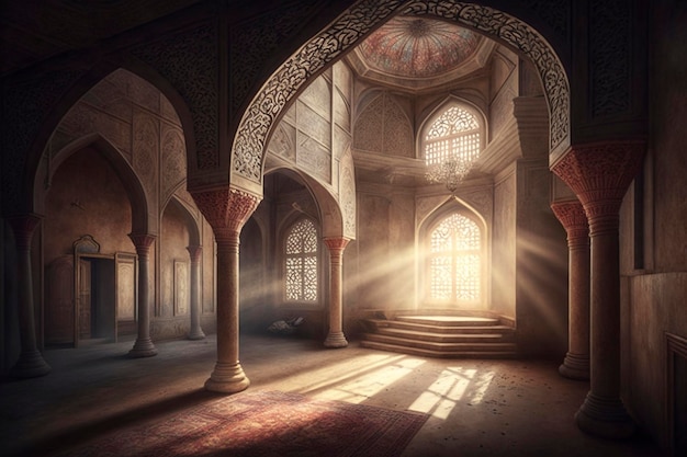 piękne wnętrze meczetu z błyszczącym światłem