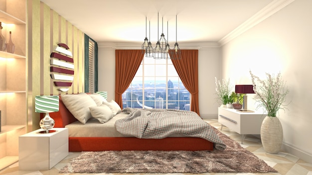 Piękne wnętrze sypialni w ilustracji renderowania 3d