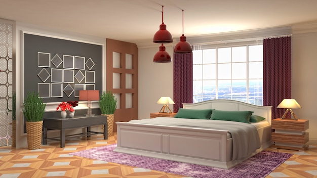 Piękne wnętrze sypialni w ilustracji renderowania 3d