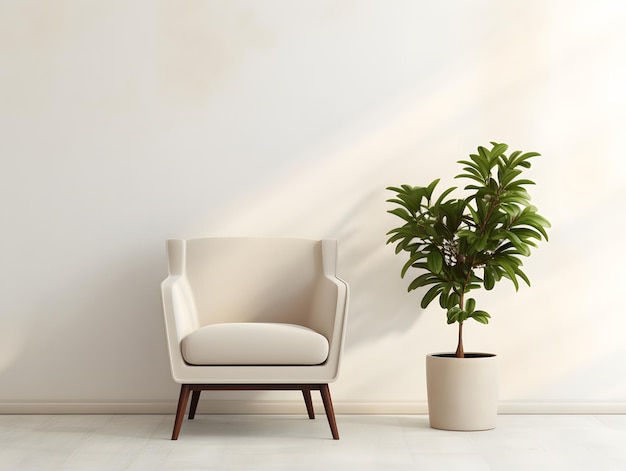 Piękne wnętrze z nowoczesnym krzesłem i rośliną w garnku przed białą ścianą