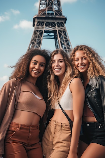 Piękne, wspaniałe kobiety przed wieżą Eiffla w Paryżu.