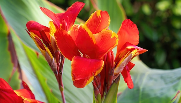 Piękne zbliżenie czerwonych i żółtych kwiatów cannas