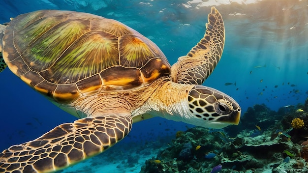 Piękne zbliżenie dużego żółwia pływającego pod wodą w oceanie